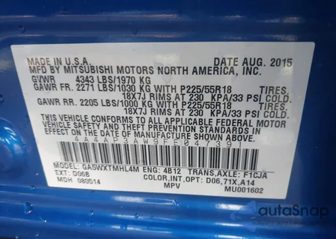 2015 Mitsubishi Outlander Sport Es from USA, damaged, VIN 4A4AP3AW9FE047391